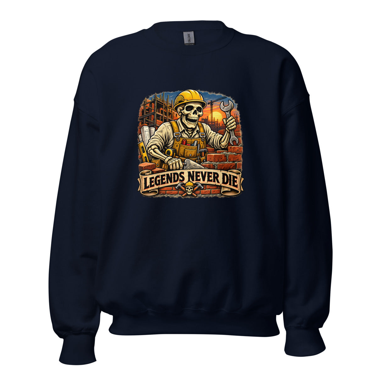 Skelett-Bauarbeiter mit Schriftzug "Legends Never Die" – Sweatshirt – großer Frontdruck