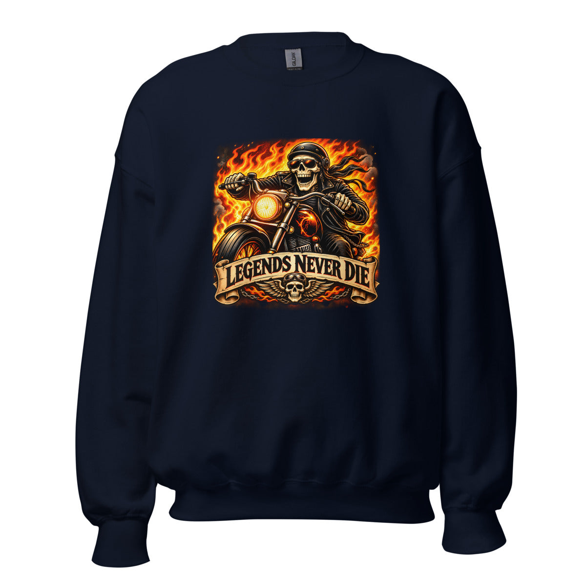 Skelett-Biker mit Flammen und Schriftzug – Sweatshirt – großer Frontdruck