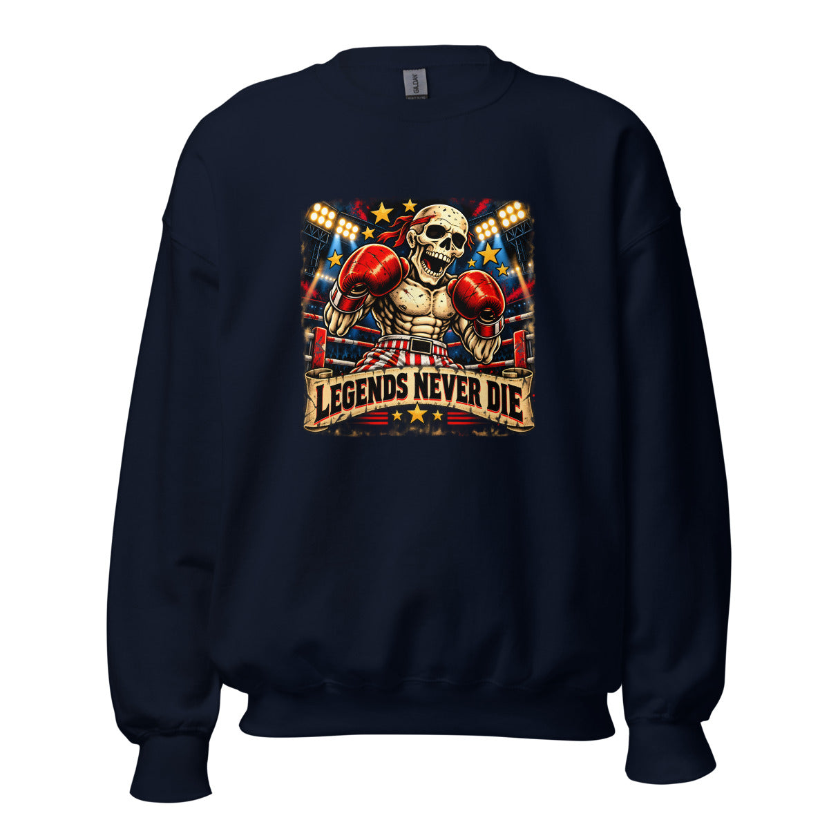 Boxskelett mit Schriftzug "Legends Never Die" – Sweatshirt – großer Frontdruck