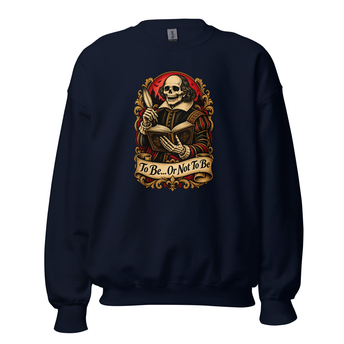 Skelett Shakespeare mit Feder und Buch – Sweatshirt – großer Frontdruck