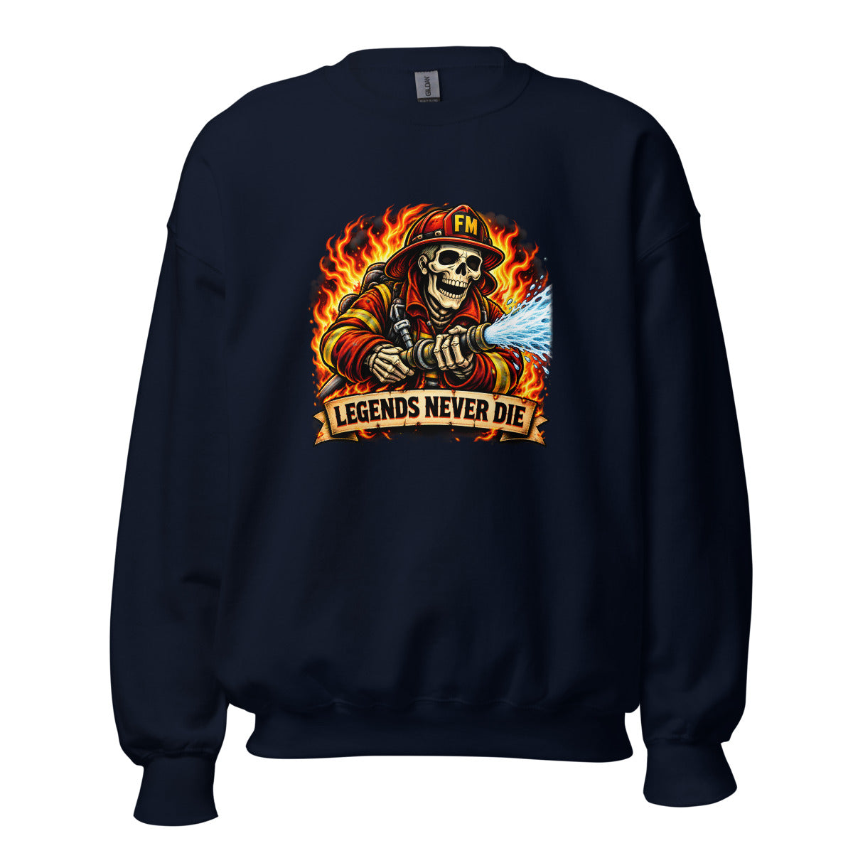 Feuerwehr-Skelett mit Schriftzug "Legends Never Die" – Sweatshirt – großer Frontdruck
