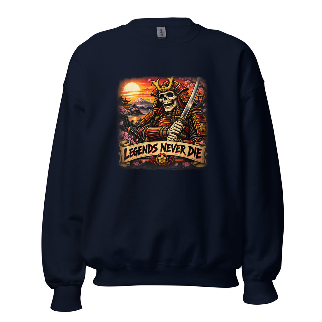 Skelett-Samurai mit Schriftzug "Legends Never Die" – Sweatshirt – großer Frontdruck