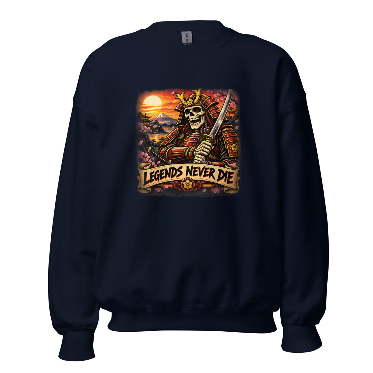 Skelett-Samurai mit Schriftzug "Legends Never Die" – Sweatshirt – großer Frontdruck