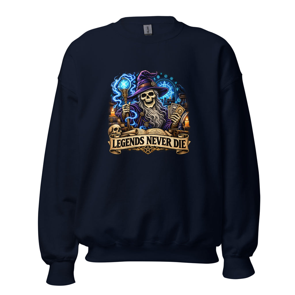 Skelett-Zauberer mit Schriftzug "Legends Never Die" – Sweatshirt – großer Frontdruck