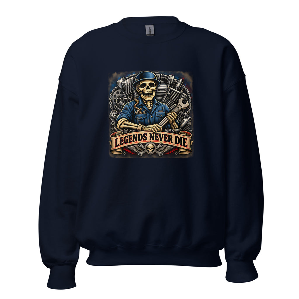 Skelett-Mechaniker mit Schraubenschlüssel und Schriftzug – Sweatshirt – großer Frontdruck