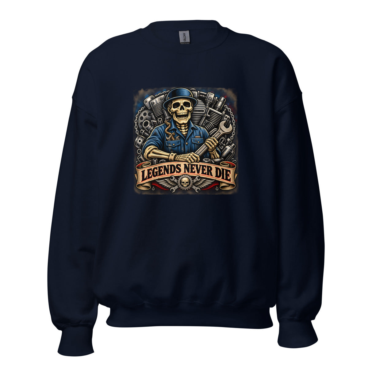 Skelett-Mechaniker mit Schraubenschlüssel und Schriftzug – Sweatshirt – großer Frontdruck