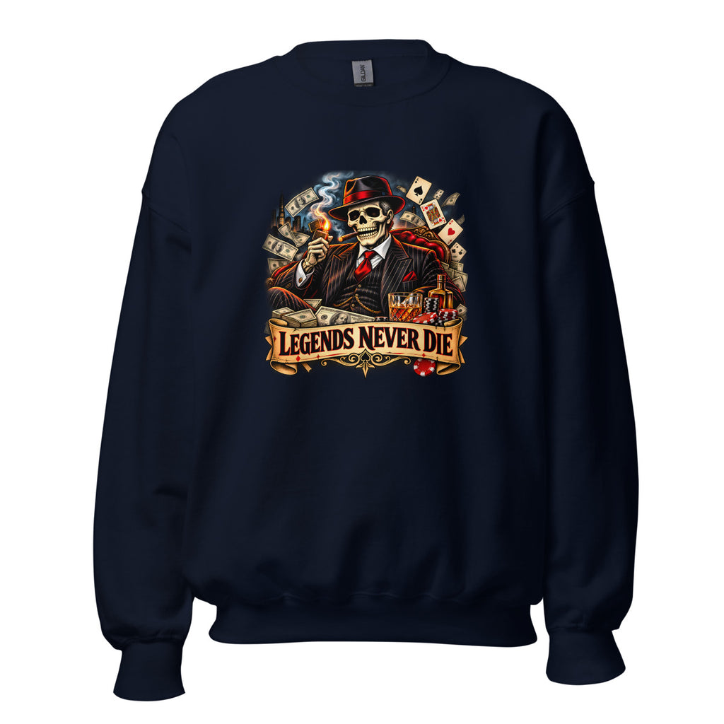 Skelett-Gangster mit Zigarre und Schriftzug – Sweatshirt – großer Frontdruck