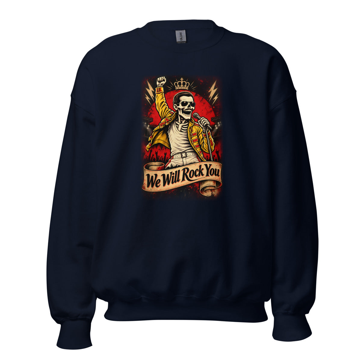 Skelett-Rocksänger mit Krone und Mikrofon – Sweatshirt – großer Frontdruck