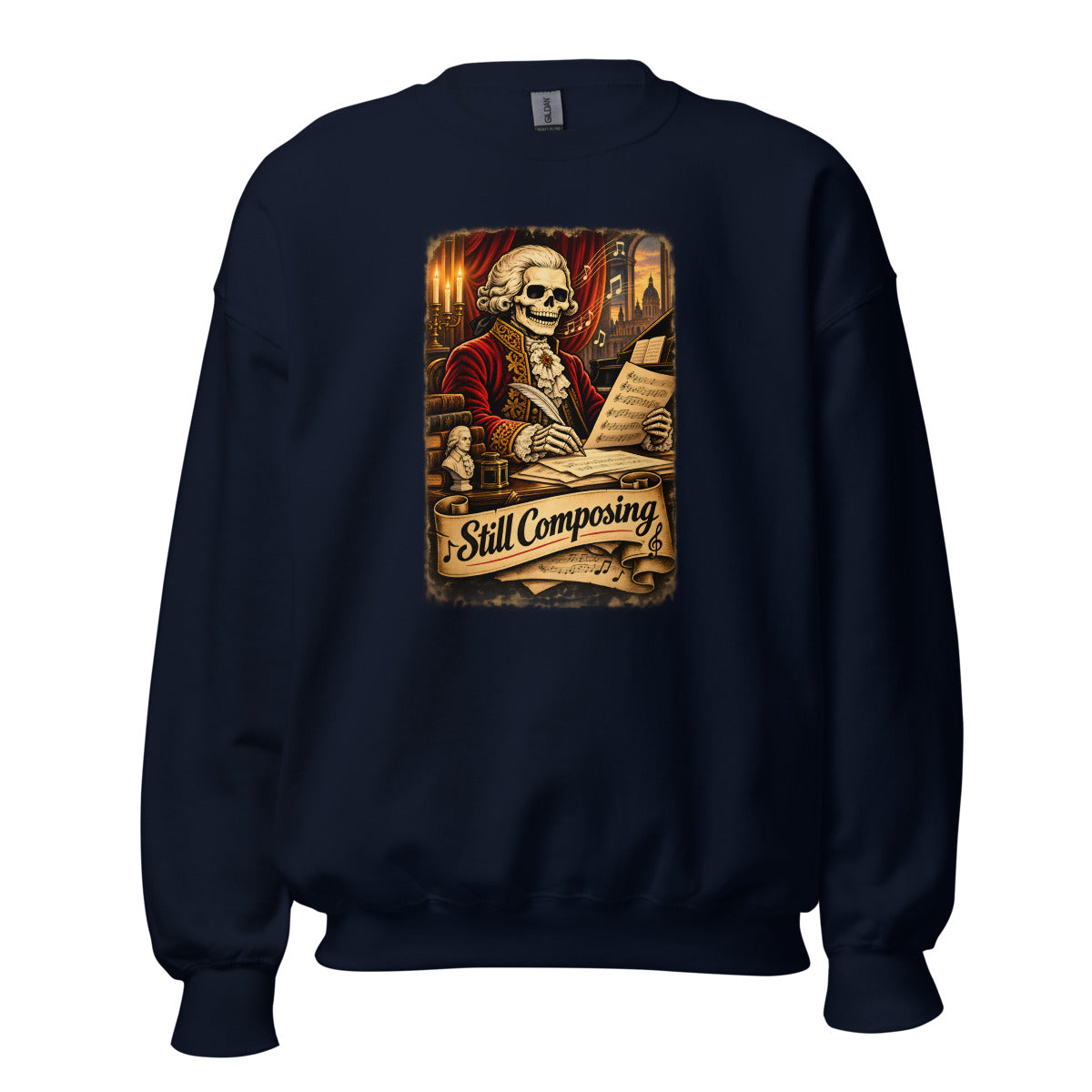 Skelett-Komponist "Still Composing" – Sweatshirt – großer Frontdruck