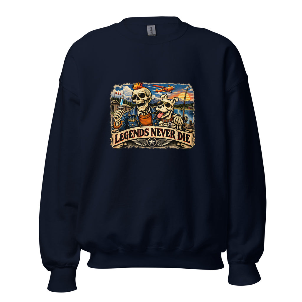 Legends Never Die mit Skelett und Hund – Sweatshirt – großer Frontdruck