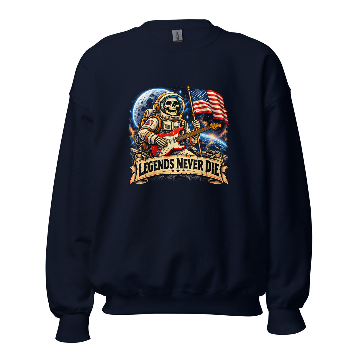 Legends Never Die - Astronaut mit Skelett und Gitarre – Sweatshirt – großer Frontdruck