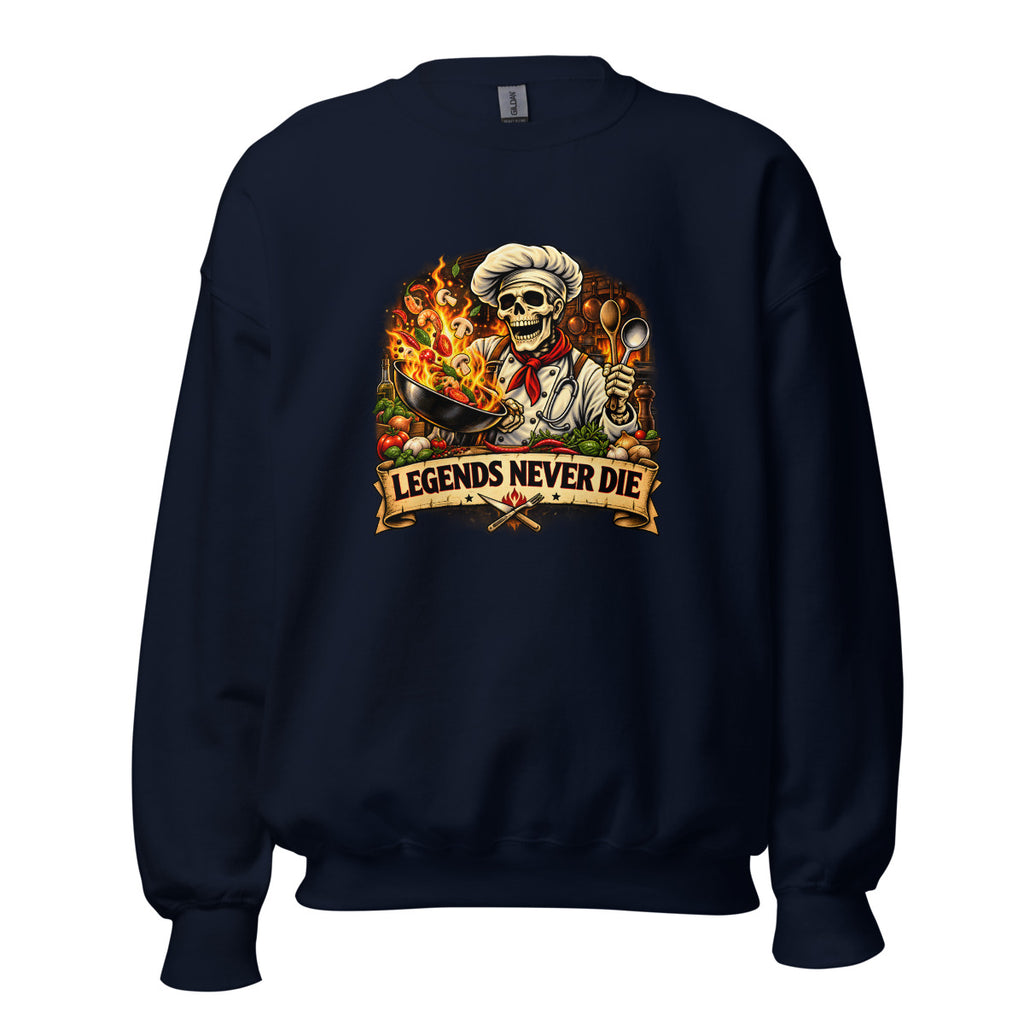 Skelett-Koch mit brennender Pfanne und Schriftzug – Sweatshirt – großer Frontdruck