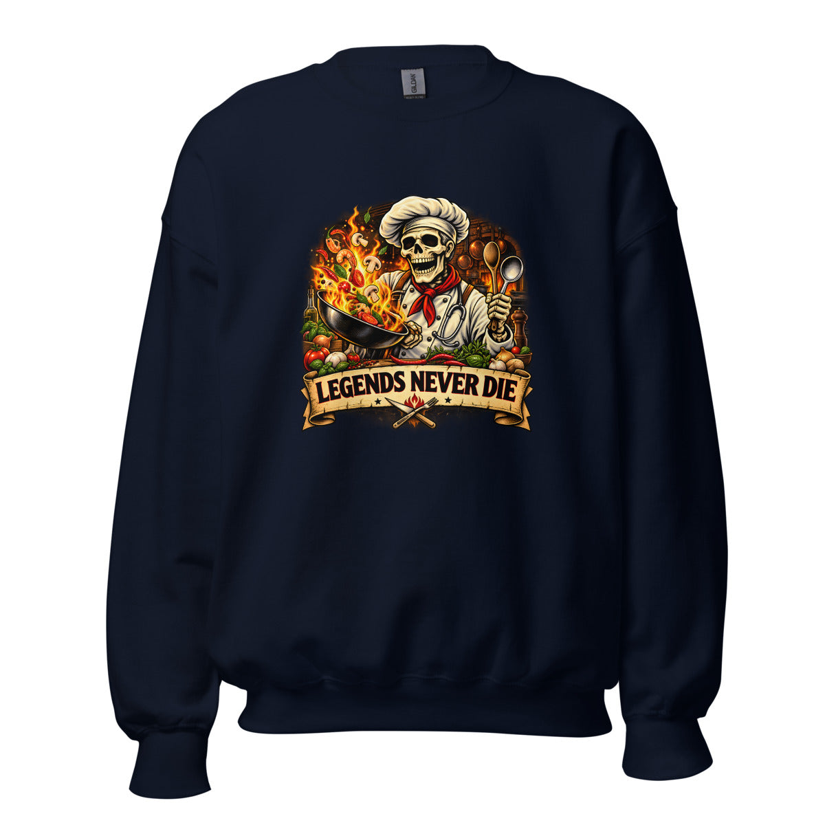 Skelett-Koch mit brennender Pfanne und Schriftzug – Sweatshirt – großer Frontdruck