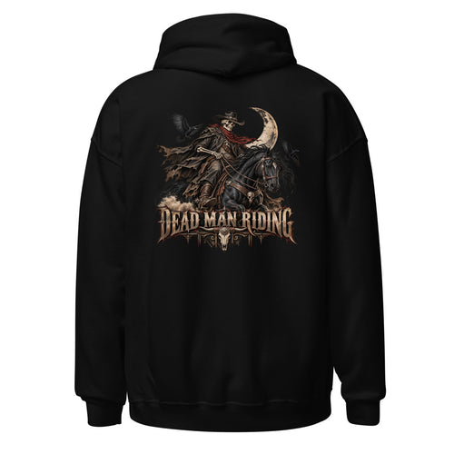 Unisex Hoodie in Black, Rückenansicht mit großem Rückenprint: Dead Man Riding.