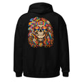 Unisex Hoodie in Black, Rückenansicht mit großem Rückenprint: Hippie Totenkopf mit Peace-Zeichen.