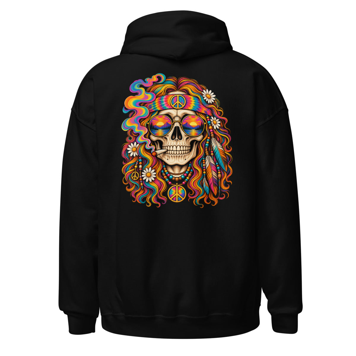 Unisex Hoodie in Black, Rückenansicht mit großem Rückenprint: Hippie Totenkopf mit Peace-Zeichen.