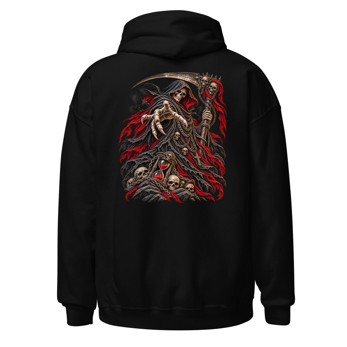 Unisex Hoodie in Black, Rückenansicht mit großem Rückenprint: Sensenmann mit Sanduhr und Krähen.