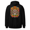 Unisex Hoodie in Black, Rückenansicht mit großem Rückenprint: Psychedelischer Totenkopf mit Friedenssymbolen und Pilzen.
