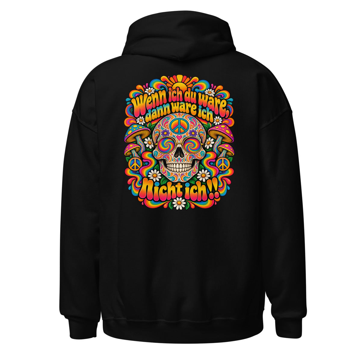 Unisex Hoodie in Black, Rückenansicht mit großem Rückenprint: Psychedelischer Totenkopf mit Friedenssymbolen und Pilzen.