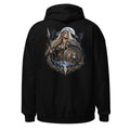 Unisex Hoodie in Black, Rückenansicht mit großem Rückenprint: Wikinger-Kriegerin mit Schild, Speer und Raben.
