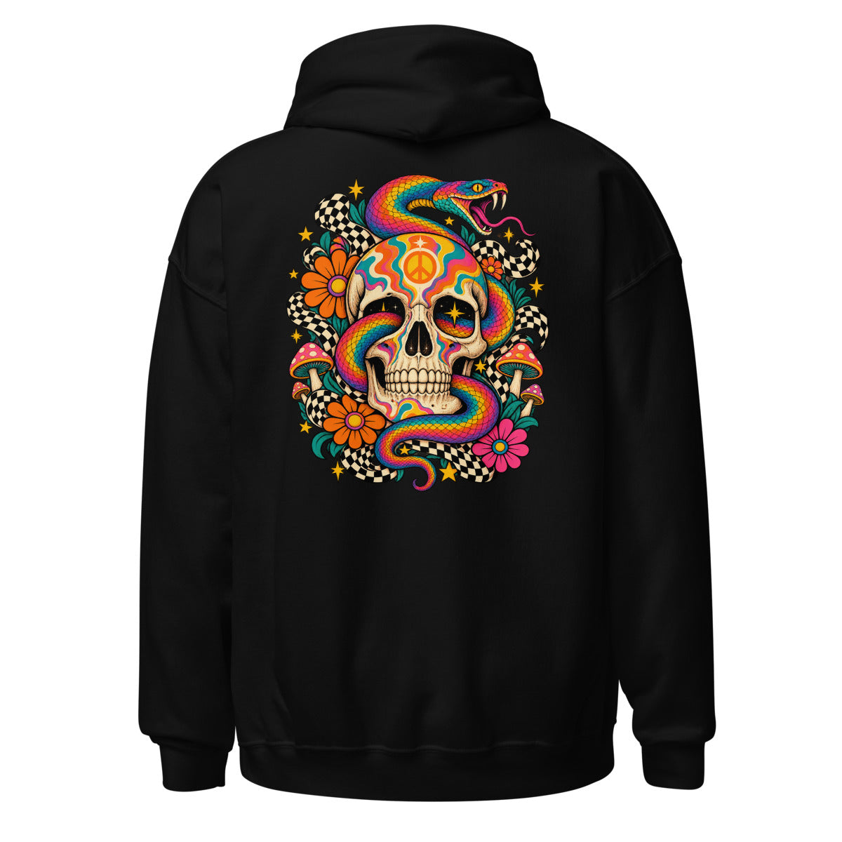 Unisex Hoodie in Black, Rückenansicht mit großem Rückenprint: Psychedelischer Totenkopf mit Schlange.