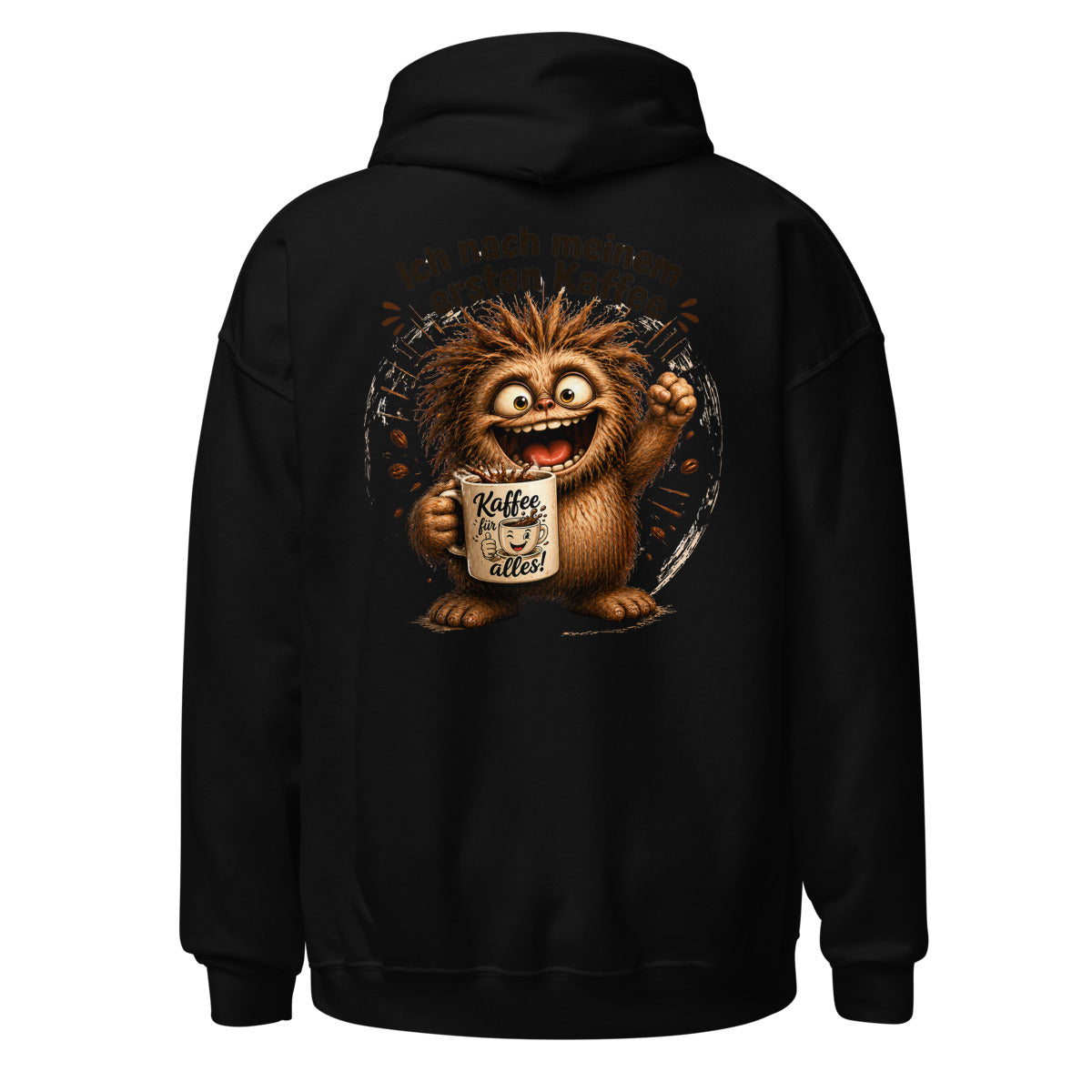 Unisex Hoodie in Black, Rückenansicht mit großem Rückenprint: Kaffee-Monster mit erster Tasse.