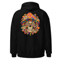 Unisex Hoodie in Black, Rückenansicht mit großem Rückenprint: Psychedelischer Totenkopf mit Pilzhut.