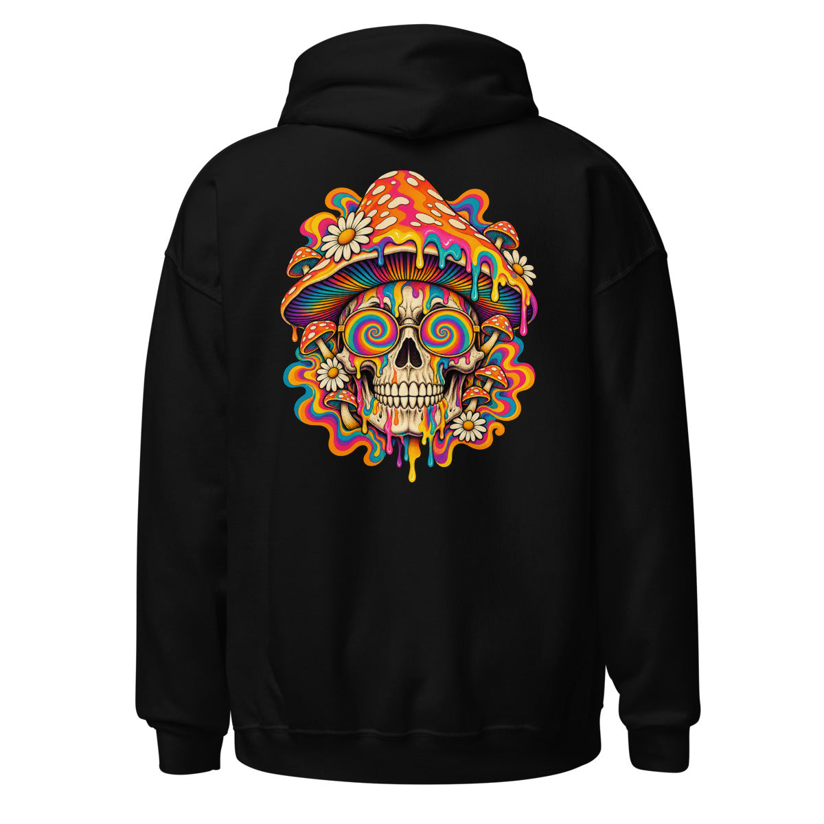 Unisex Hoodie in Black, Rückenansicht mit großem Rückenprint: Psychedelischer Totenkopf mit Pilzhut.