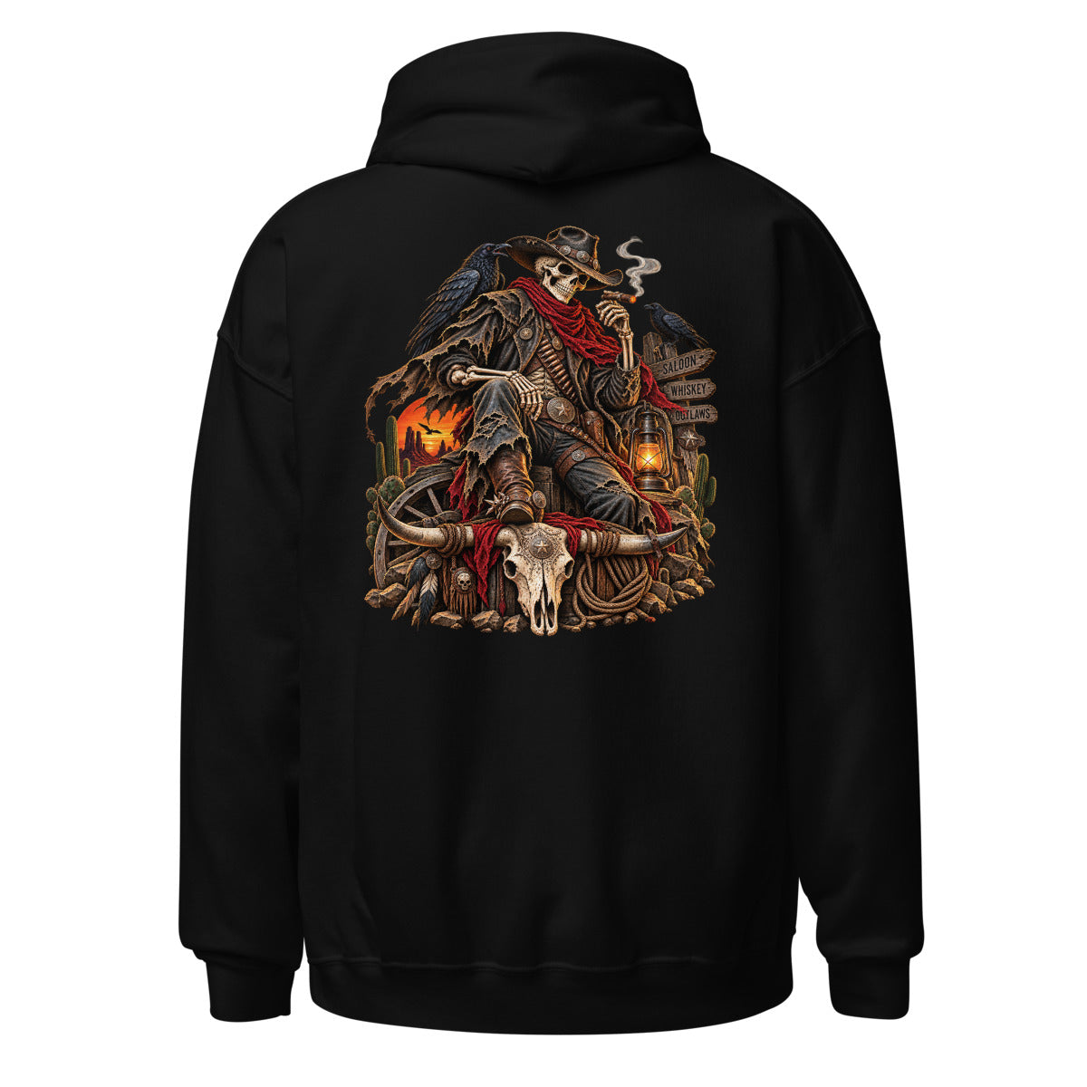 Unisex Hoodie in Black, Rückenansicht mit großem Rückenprint: Skelett Cowboy im Westernstil.