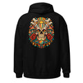 Unisex Hoodie in Black, Rückenansicht mit großem Rückenprint: Psychedelischer Totenkopf mit Rosen und Pilzen.