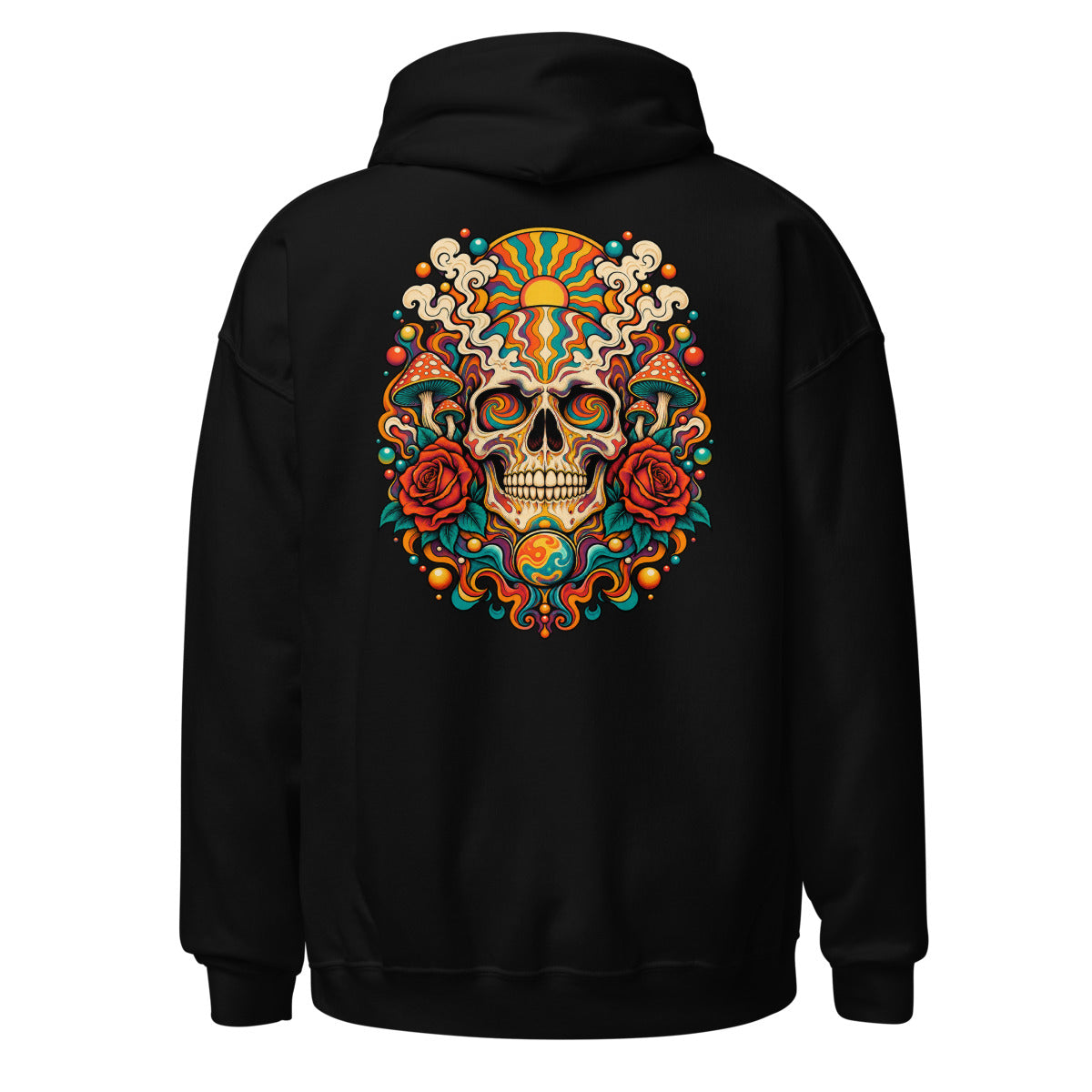 Unisex Hoodie in Black, Rückenansicht mit großem Rückenprint: Psychedelischer Totenkopf mit Rosen und Pilzen.