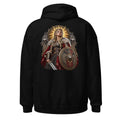 Unisex Hoodie in Black, Rückenansicht mit großem Rückenprint: Wikinger-Kriegerkönigin mit Schild und Schwert.