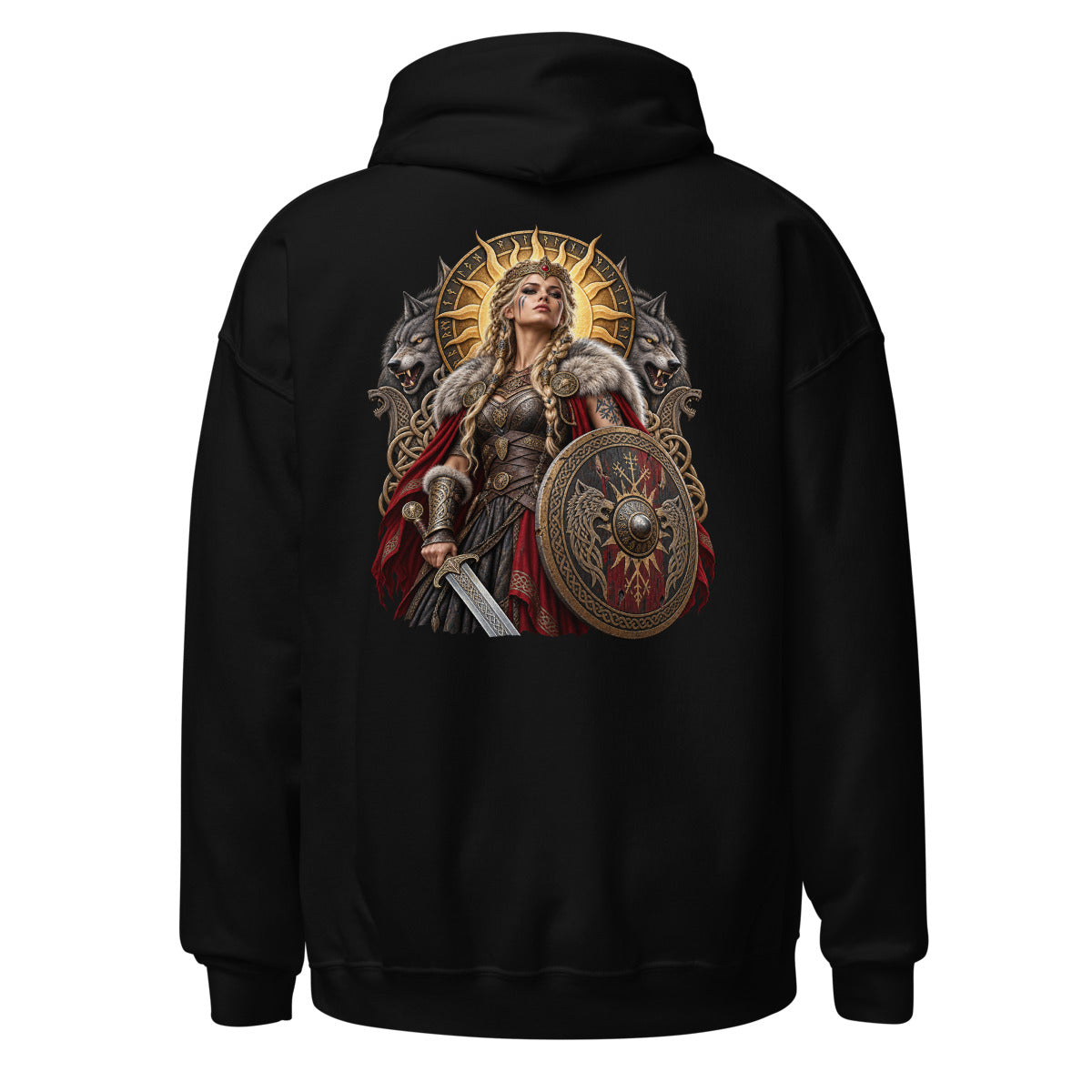 Unisex Hoodie in Black, Rückenansicht mit großem Rückenprint: Wikinger-Kriegerkönigin mit Schild und Schwert.