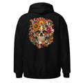 Unisex Hoodie in Black, Rückenansicht mit großem Rückenprint: Psychedelischer Totenkopf mit Blumen und Pilzen.