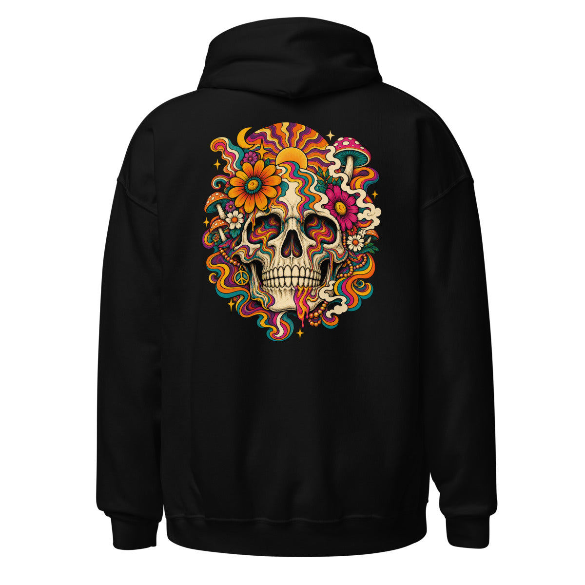 Unisex Hoodie in Black, Rückenansicht mit großem Rückenprint: Psychedelischer Totenkopf mit Blumen und Pilzen.