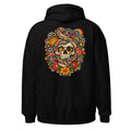 Unisex Hoodie in Black, Rückenansicht mit großem Rückenprint: Schädel mit bunter Schlange und Pilzen.