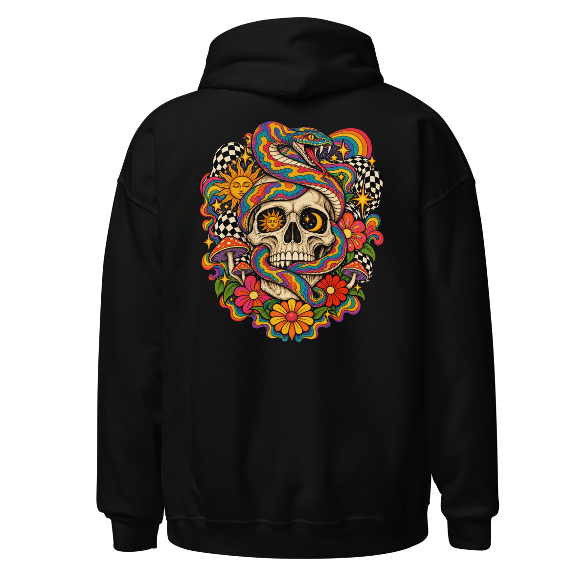 Unisex Hoodie in Black, Rückenansicht mit großem Rückenprint: Schädel mit bunter Schlange und Pilzen.