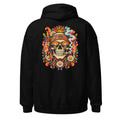 Unisex Hoodie in Black, Rückenansicht mit großem Rückenprint: Psychedelischer Totenkopf mit Sonne und Lavalampe.