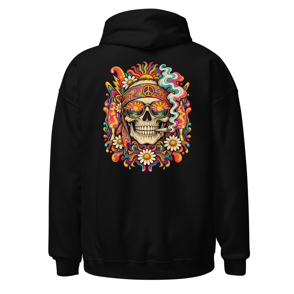 Unisex Hoodie in Black, Rückenansicht mit großem Rückenprint: Psychedelischer Totenkopf mit Sonne und Lavalampe.