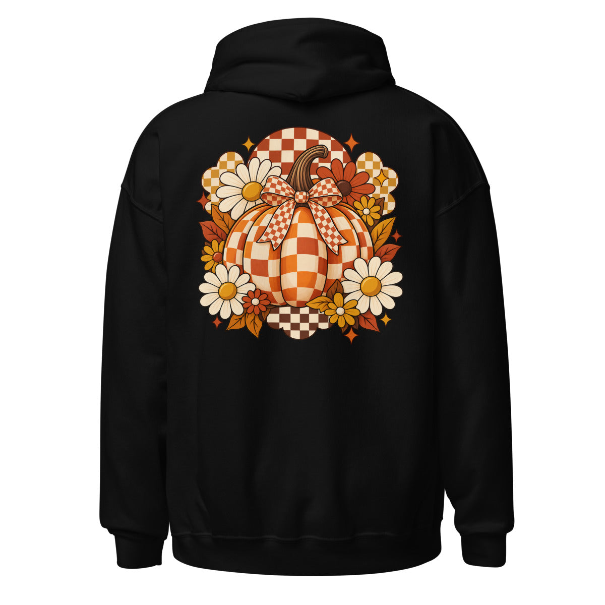 Illustration eines orange-weiß karierten Kürbisses mit Schleife, umgeben von weißen, gelben und orangen Blumen sowie herbstlichen Blättern vor kariertem Hintergrund. – Unisex Heavy Blend Hoodie | Gildan 18500