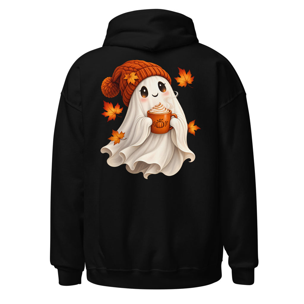 Ein fröhlicher Geist mit großen Augen und orangefarbener Strickmütze hält eine dampfende Tasse mit Kürbis-Motiv, umgeben von orangefarbenen Ahornblättern. – Unisex Heavy Blend Hoodie | Gildan 18500
