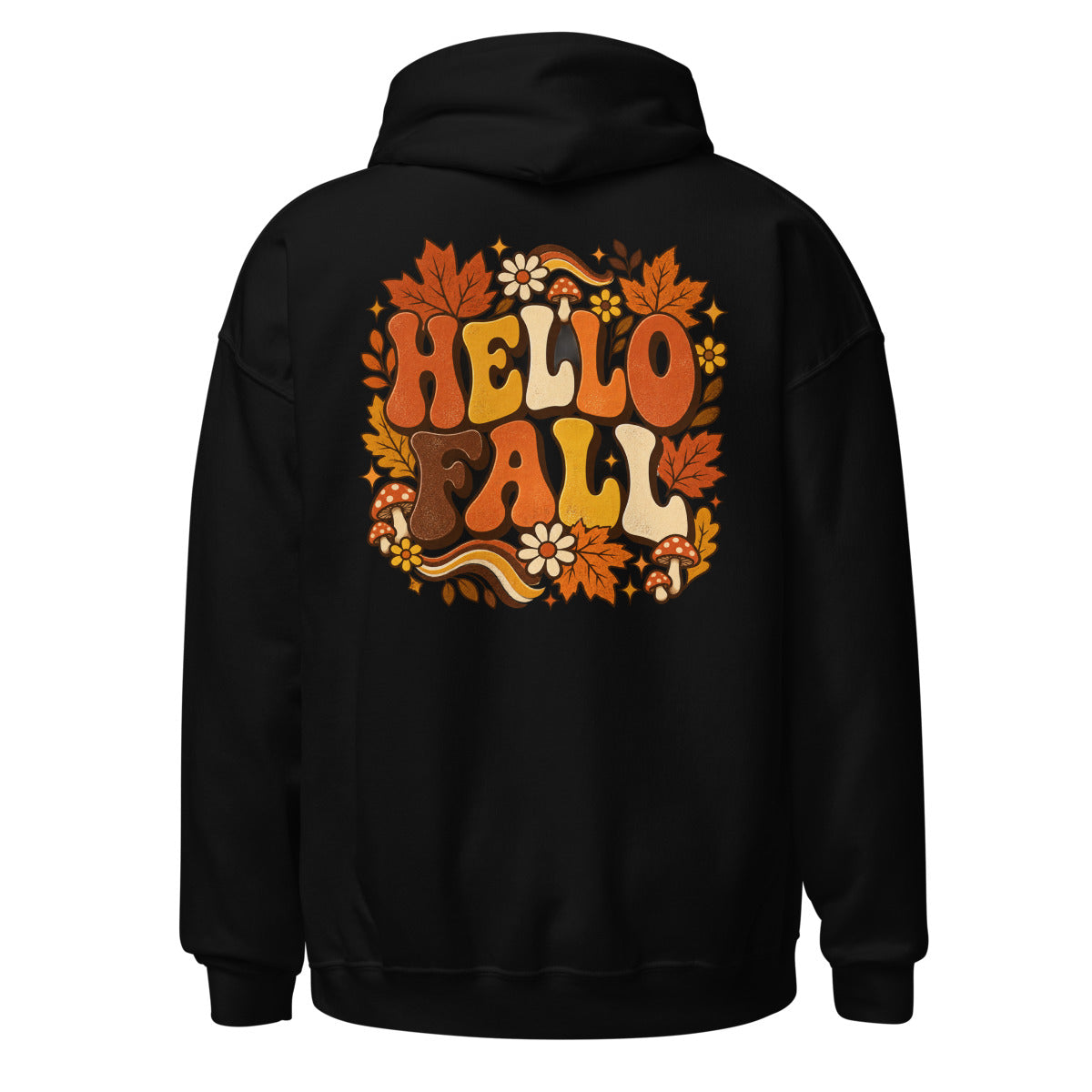 Schriftzug "HELLO FALL" in großen, bunten Buchstaben umgeben von orangefarbenen Ahornblättern, roten Fliegenpilzen mit weißen Punkten, gelben und weißen Blumen sowie dekorativen Sternen und Blättern. – Unisex Heavy Blend Hoodie | Gildan 18500