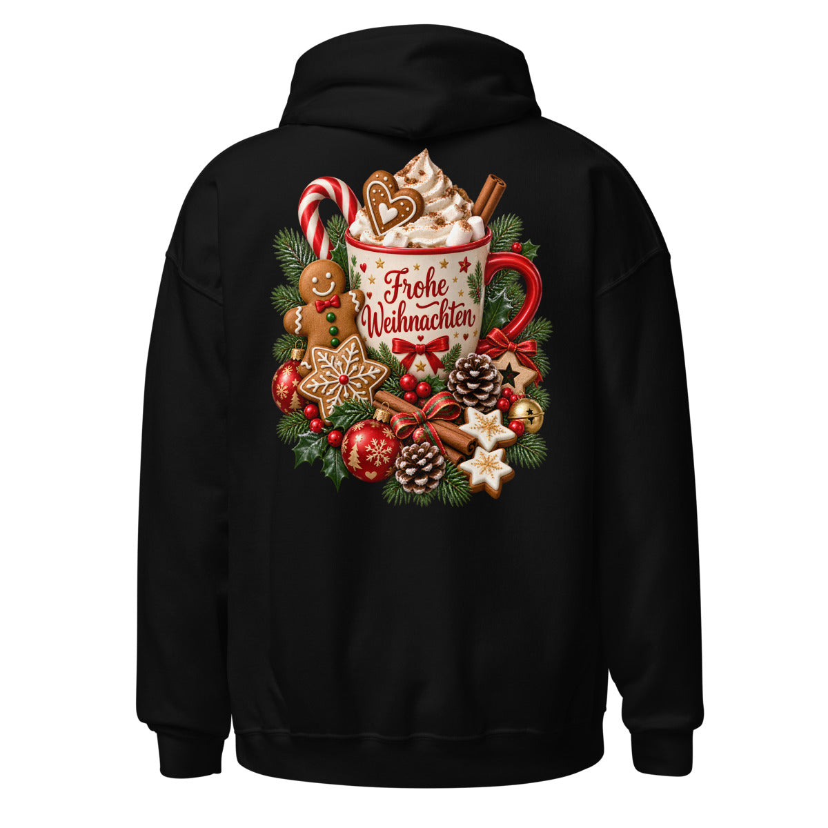 Weihnachtliche Tasse mit Kakao, Sahne, Marshmallows, Zimtstangen, Zuckerstange, Lebkuchenmännchen, Stern-Lebkuchen, Tannenzweigen, roten Beeren, Tannenzapfen, Weihnachtskugeln und Schriftzug Frohe Weihnachten auf einem Banner. – Unisex Heavy Blend Hoodie | Gildan 18500
