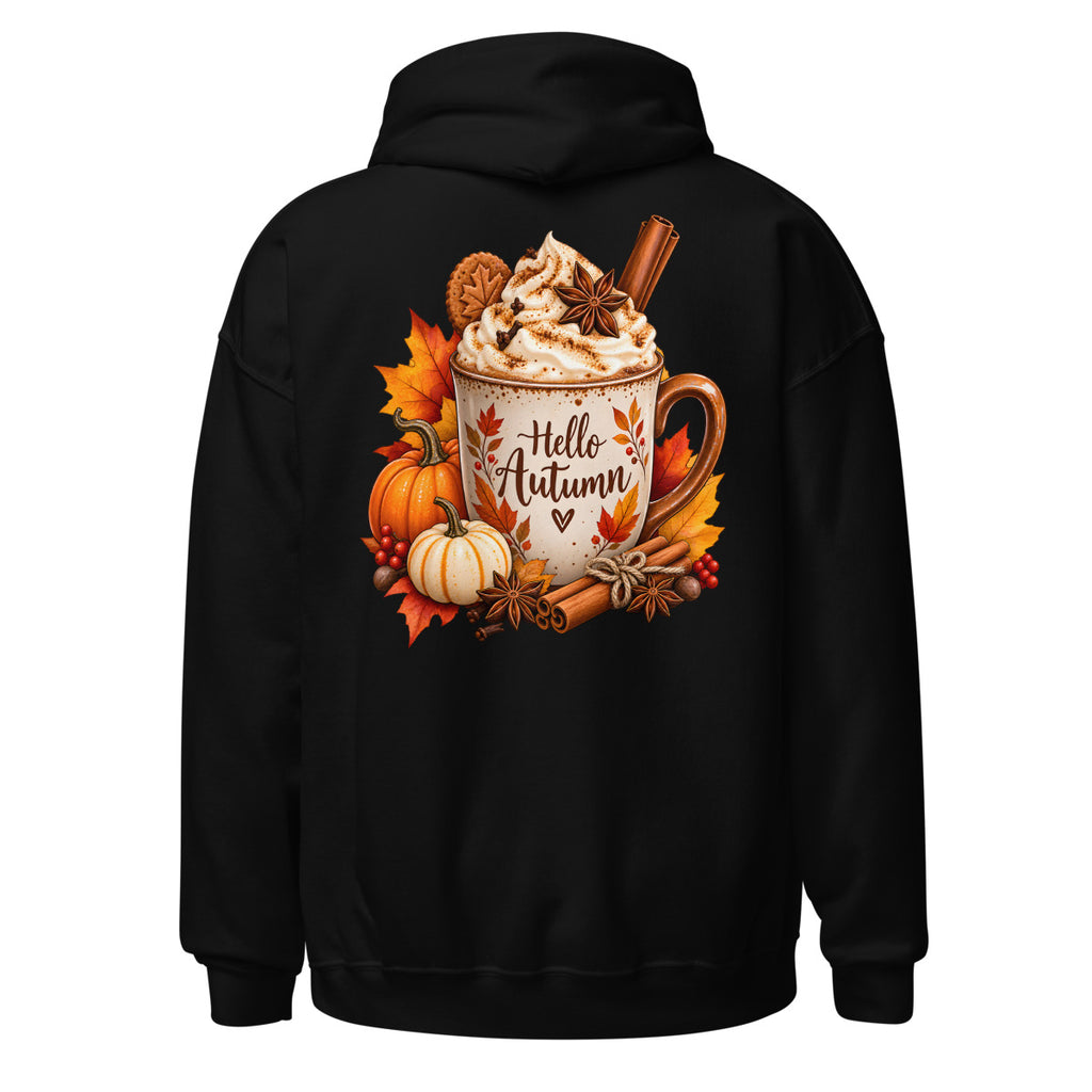 Tasse mit Sahne, Karamellsauce, Zimtstangen und Sternanis, umgeben von bunten Herbstblättern, Eicheln und roten Beeren. – Unisex Heavy Blend Hoodie | Gildan 18500