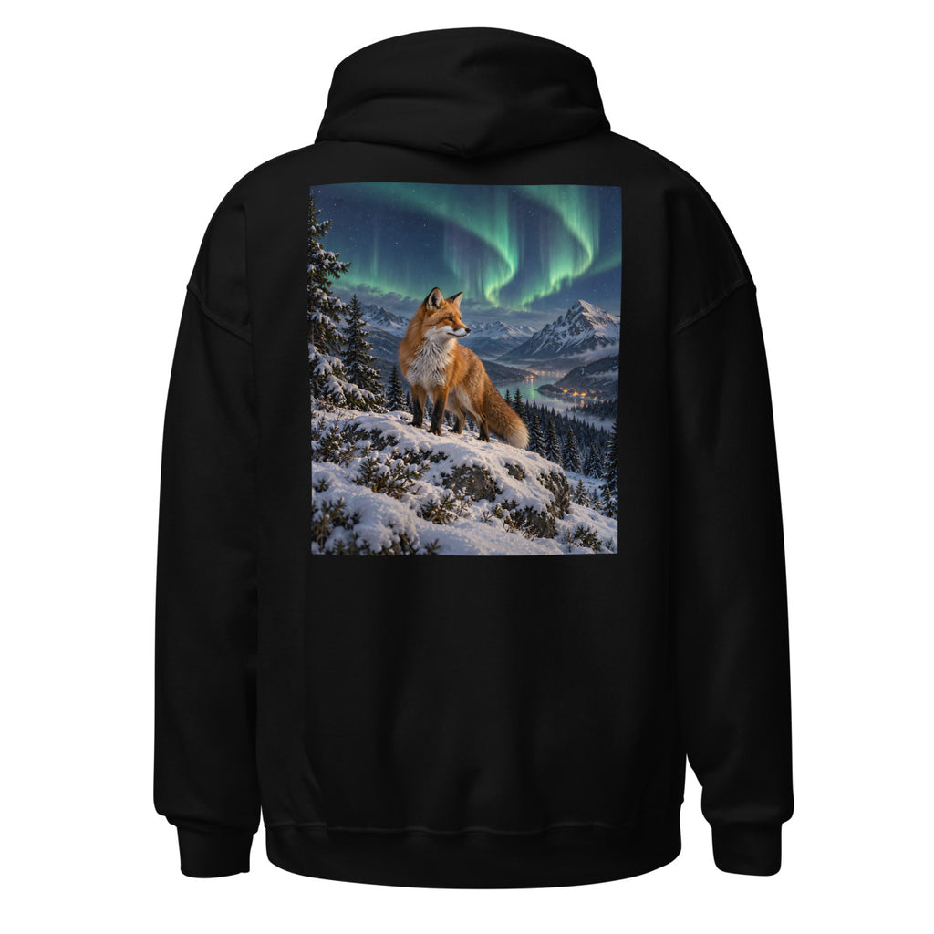 Winterfuchs unter Nordlichtern – Hoodie – großer Rückendruck