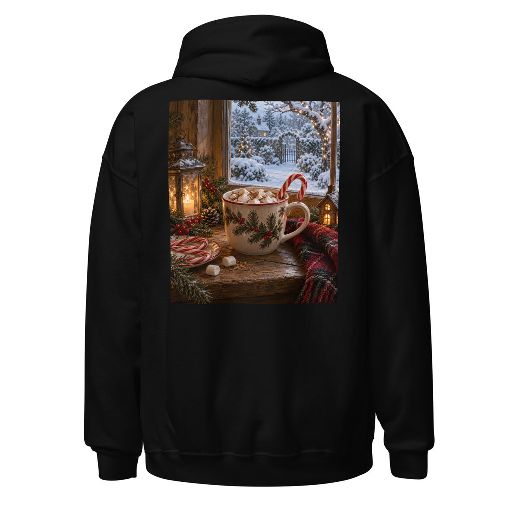 Weihnachtlicher Kakao am Fenster – Hoodie – großer Rückendruck