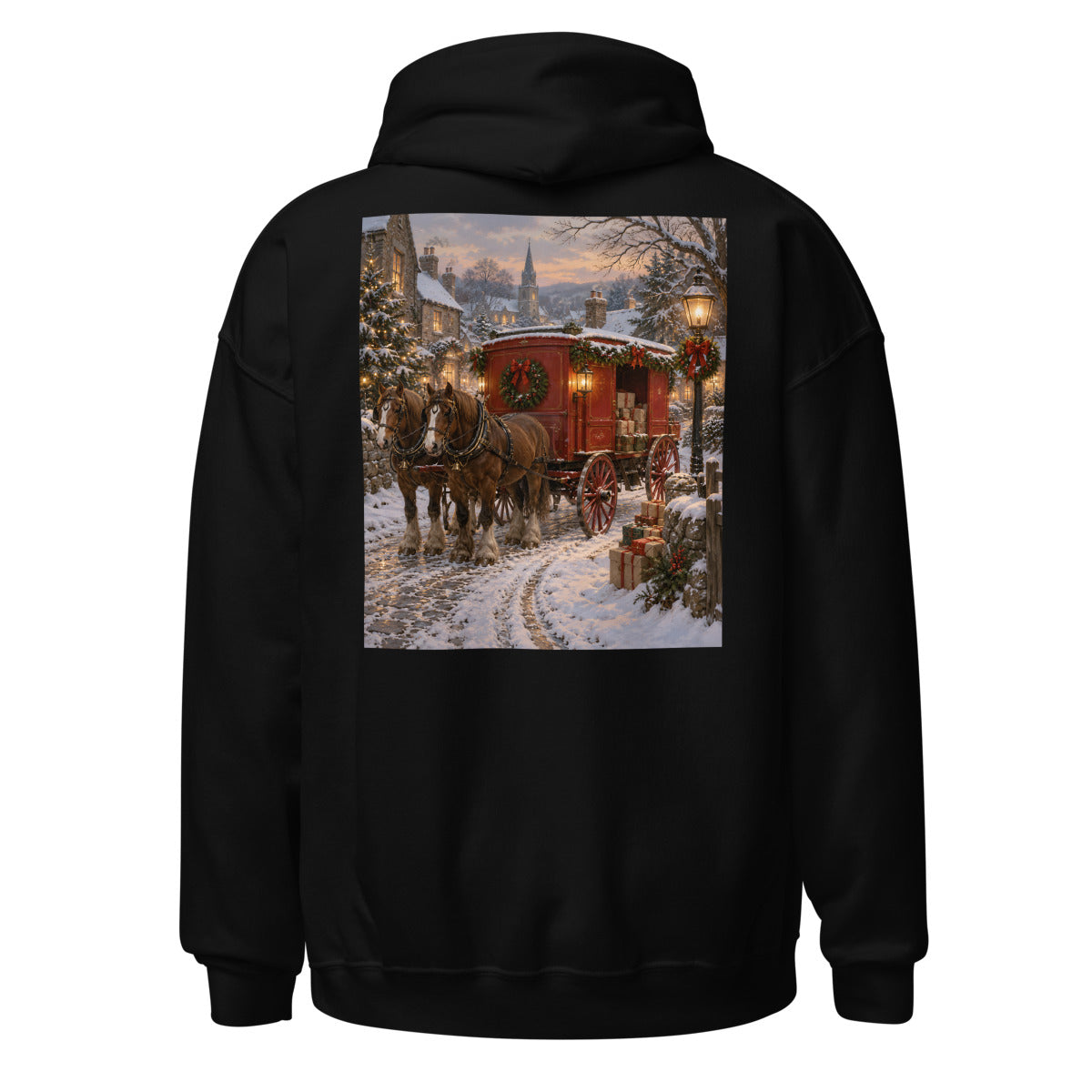 Rote Postkutsche im Schnee – Hoodie – großer Rückendruck