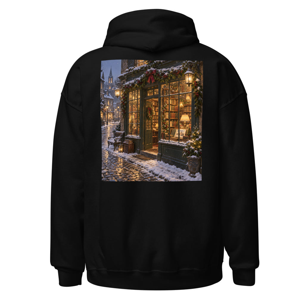 Weihnachtlicher Buchladen im Schnee – Hoodie – großer Rückendruck