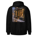 Weihnachtlicher Buchladen im Schnee – Hoodie – großer Rückendruck