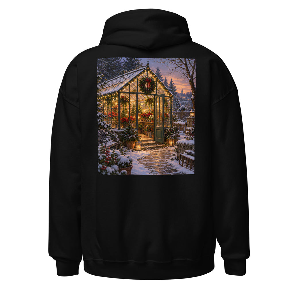 Festliches Gewächshaus im Schnee – Hoodie – großer Rückendruck